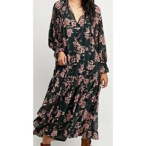 Free People Feeling Groovy Maxi Dress Green Pink Floral Print Tiered Size S